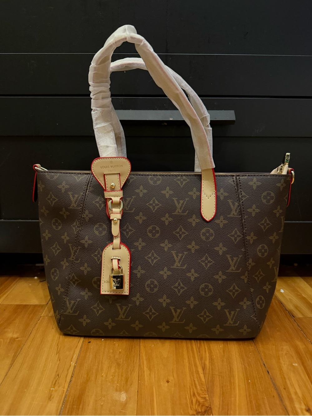 L_Vuitton Brown Monogram Canvas Tote with Red-Edge Trim